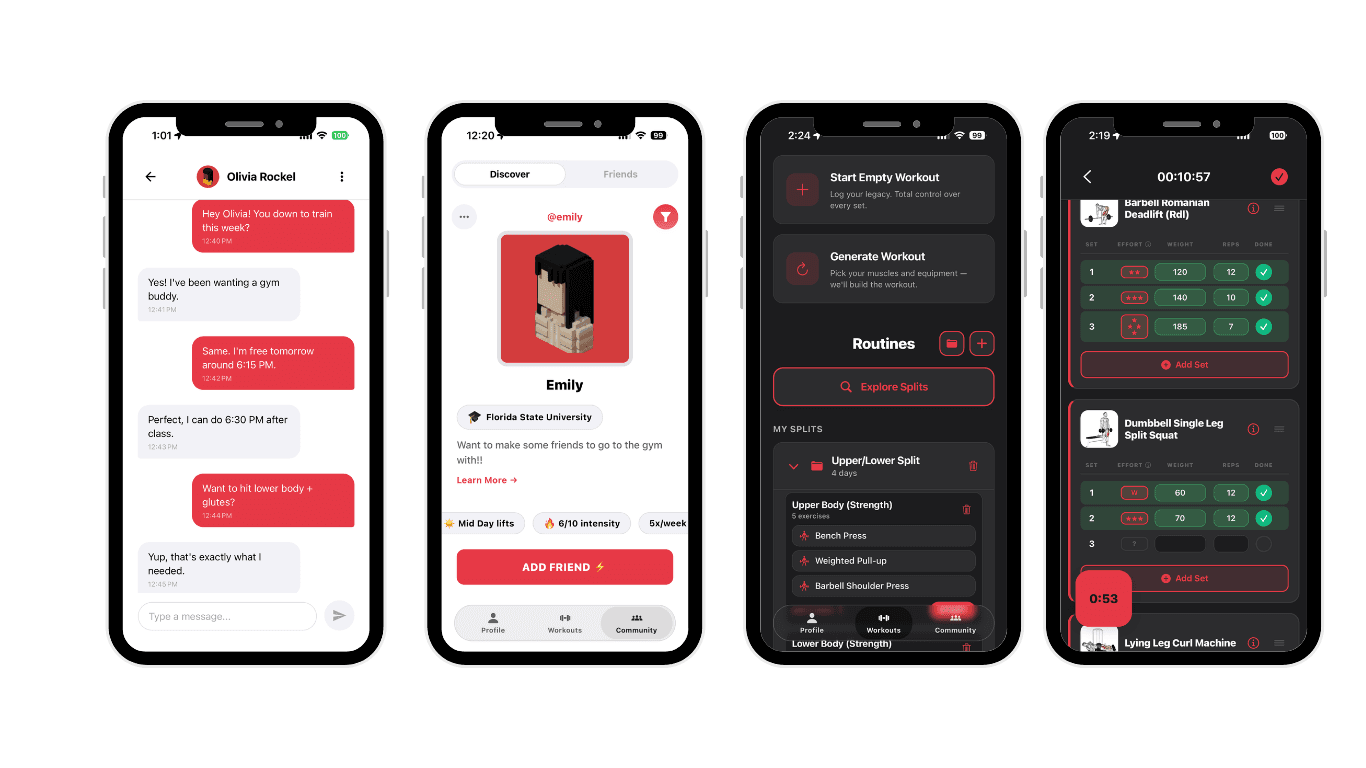 Gainiac app screens showing messaging, community, workout logging, and active workout